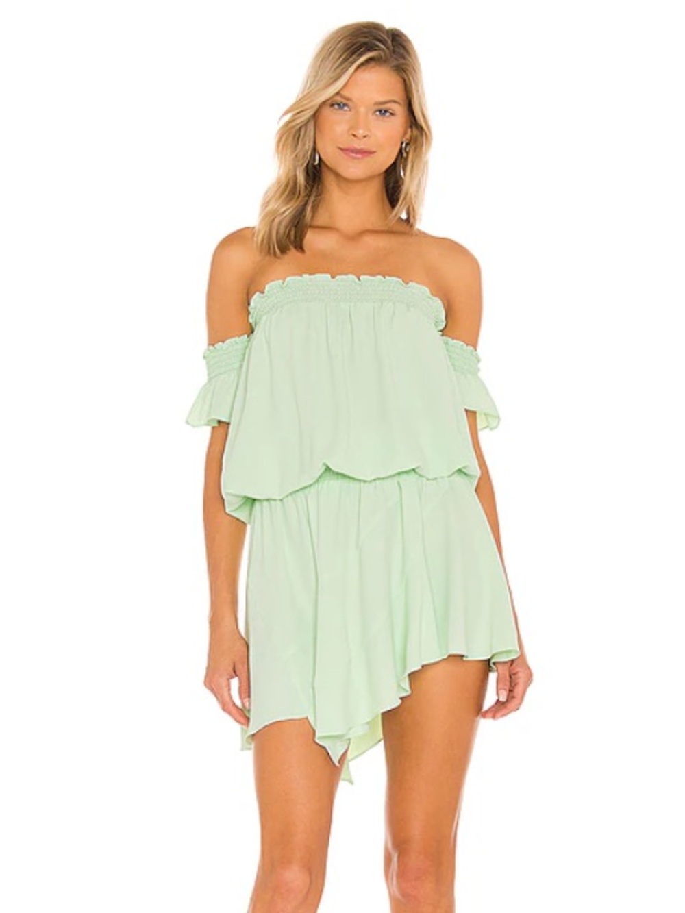 Amanda Uprichard Green Off Shoulder Mini Dress Smocked Waist Flowy Party Dress